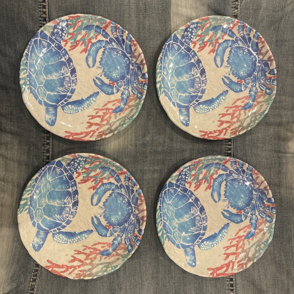 Watercolor Beach Ocean coral Blue Starfish Fish Set Of 4 9" Plates EUC Melamine